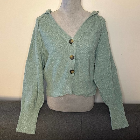Free People Found My Friend Nubby Knit Hoodie Sweater Green- L - Picture 1 of 8